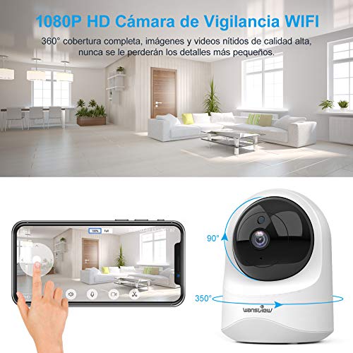 Wansview Cámara IP WiFi, 1080P Cámara Interior con Visión Noturna Detección de Movimiento, Audio Bidireccional, Compatible con Alexa, Cámara de Seguridad Bebé Mascotas, Q6 (NO Tiene autonomía)