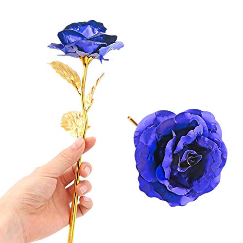 WeFoonLo Artificial Flor de Rosa de Oro de 24 Quilates. Rosa de plástico bañada en plástico con Caja de Regalo para el Día de la Madre, Día de San Valentín, Cumpleaños, Día de Acción de Gracias(Azul)