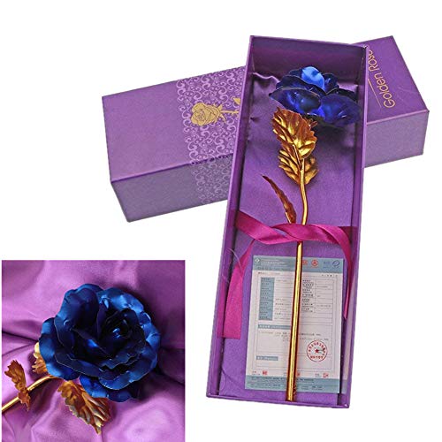 WeFoonLo Artificial Flor de Rosa de Oro de 24 Quilates. Rosa de plástico bañada en plástico con Caja de Regalo para el Día de la Madre, Día de San Valentín, Cumpleaños, Día de Acción de Gracias(Azul)