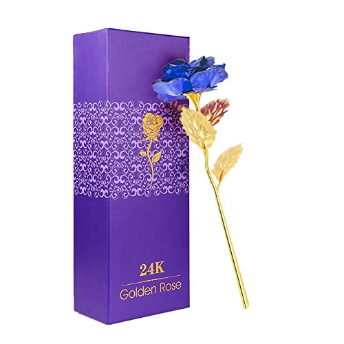 WeFoonLo Artificial Flor de Rosa de Oro de 24 Quilates. Rosa de plástico bañada en plástico con Caja de Regalo para el Día de la Madre, Día de San Valentín, Cumpleaños, Día de Acción de Gracias(Azul)