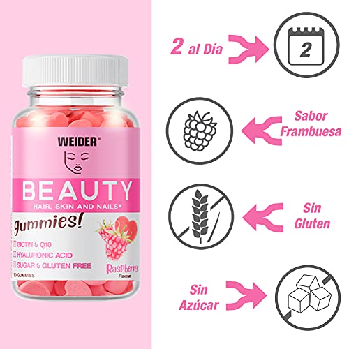 Weider Beauty Gummies. Gominolas para el cuidado de la piel, pelo y uñas. Sin Azúcares y Sin Gluten. 40 gummies. Sabor frambuesa.