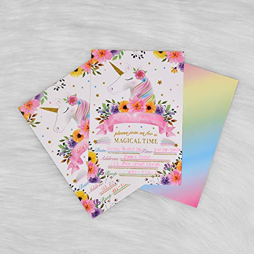 WERNNSAI Arcoíris Rutilar Unicornio Invitaciones - Mágico Unicornio Suministros de Fiesta para Chicas, Relleno Paquete de 20 Invitaciones para Fiestas con Sobres para Fiesta de cumpleaños Baby Shower