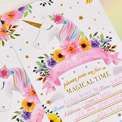 WERNNSAI Arcoíris Rutilar Unicornio Invitaciones - Mágico Unicornio Suministros de Fiesta para Chicas, Relleno Paquete de 20 Invitaciones para Fiestas con Sobres para Fiesta de cumpleaños Baby Shower