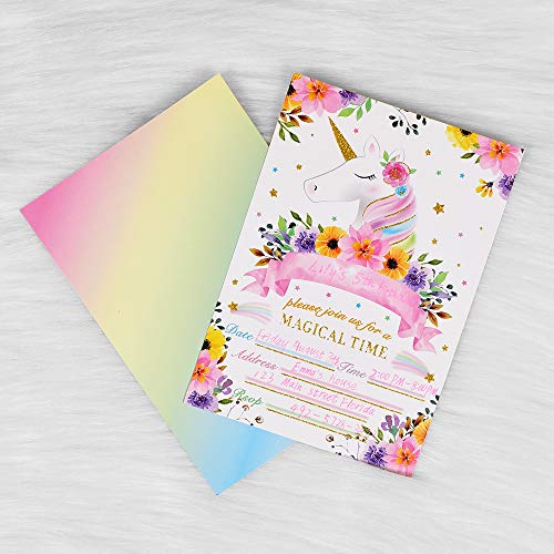 WERNNSAI Arcoíris Rutilar Unicornio Invitaciones - Mágico Unicornio Suministros de Fiesta para Chicas, Relleno Paquete de 20 Invitaciones para Fiestas con Sobres para Fiesta de cumpleaños Baby Shower