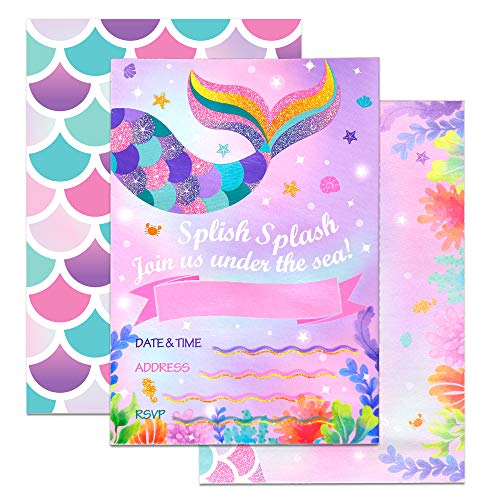 WERNNSAI Sirena Suministros para la Fiesta - Mágico Invitaciones de la Sirena para Chicas, Relleno Paquete de 20 Invitaciones para Fiestas Tarjetas con Sobres Cumpleaños Boda Baby Shower Piscina