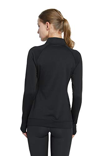 Westkun Camiseta de Manga Larga para Mujer Sudadera de Half Zip Deporte Chaqueta Yoga Casual Corriendo Pull-Over Tops con Agujeros para los Pulgares(Negro-Fleece-B,S)