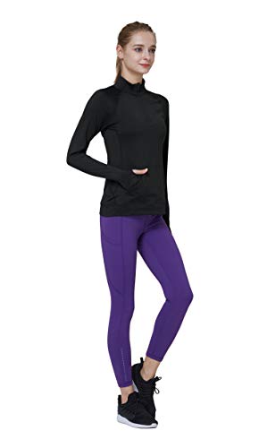 Westkun Camiseta de Manga Larga para Mujer Sudadera de Half Zip Deporte Chaqueta Yoga Casual Corriendo Pull-Over Tops con Agujeros para los Pulgares(Negro-Fleece-B,S)