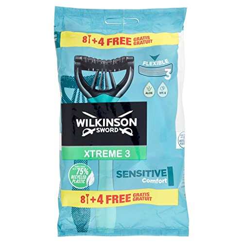 Wilkinson 7005710Q – Afeitadora desechable Xtreme 3 Sensitive – Afeitadora de 3 cuchillas para hombre – Paquete de 8 cuchillas + 4 de regalo