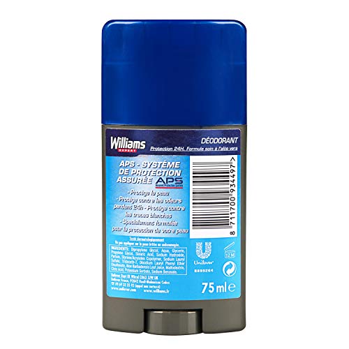 Williams Expert Déodorant Homme Stick Antibactérien Protection 24h Anti-Trances Blanches et Anti-Odeurs Formule Testée Dermatologiquement, pour les Peaux Sensibles (Lot de 6x75ml)