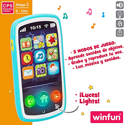 winfun - Teléfono móvil bebés, Juguete teléfono, móvil con sonidos, melodías y luces, + 6 meses, juguetes primera infancia, juguetes bebés, móvil bebés, WINFUN (44523)