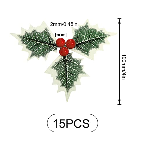 WJUAN Hoja de Navidad Artificial de 15 Grupos, 45 Piezas de Bayas Rojas Artificiales Individuales, Están Hechas Principalmente de Tela, Alambre y Espuma, Utilizadas en Decoraciones Navideñas