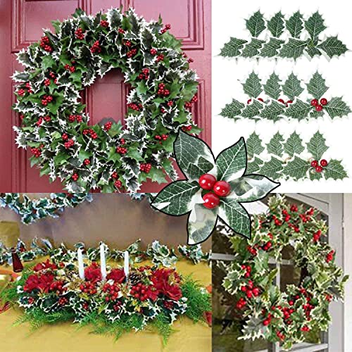 WJUAN Hoja de Navidad Artificial de 15 Grupos, 45 Piezas de Bayas Rojas Artificiales Individuales, Están Hechas Principalmente de Tela, Alambre y Espuma, Utilizadas en Decoraciones Navideñas