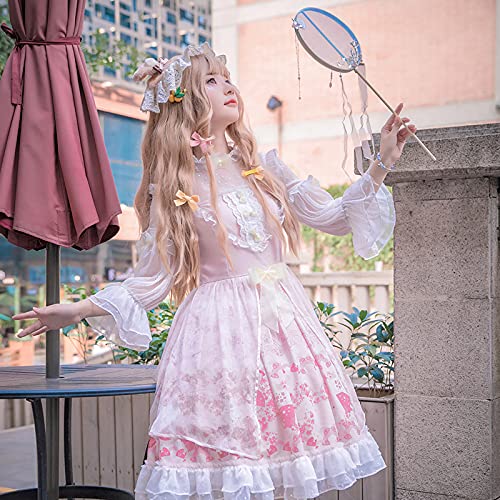 WKNBEU Japonés Lolita Vestido Sakura Sweet Kawaii Ropa Victorian Vintage Mujer Rosa Vestido Princesa Té Party Dresses Pink-L