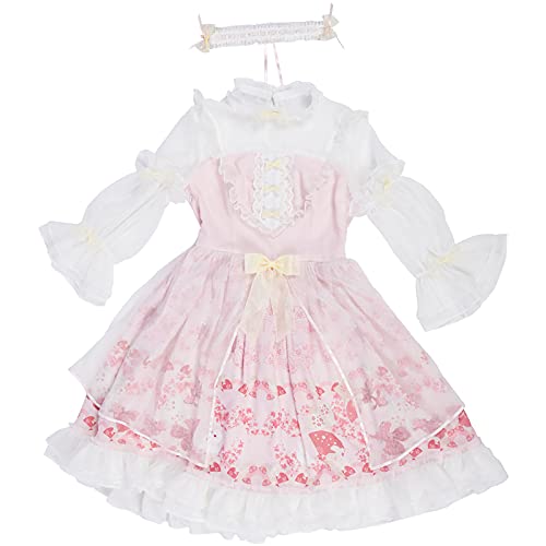 WKNBEU Japonés Lolita Vestido Sakura Sweet Kawaii Ropa Victorian Vintage Mujer Rosa Vestido Princesa Té Party Dresses Pink-L