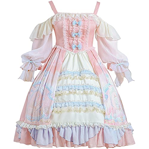 WKNBEU Vestido Dulce Lolita de Talla Grande, Falda de una Pieza, Ropa Kawaii, Vestido Victoriano, Vestidos Vintage Rosas para Mujer, Vestido de Princesa para niñas Pink-XXL