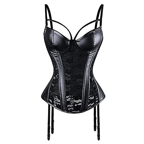 Woboren Corsé Cuero Bustier con Liguero para Mujer Conjuntos de Lencería Corpiños de Encaje Negro (Negro, 2XL)