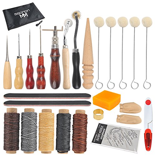 WOWOSS 33Pcs de Herramientas de Coser de Cuero Artesanía de Cuero Kit de Costura Manual de Bricolaje con Ranurado, Punzón, Encerado, Hilo Dedal, Cuerda de Cera, Aguja de Cuero, Bolsillo de Cremallera