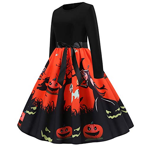 Xyfw Manga De La Túnica De Halloween Femme Automne Rockabilly Largo Vestido De Las Mujeres del Invierno Vestidos Modela del Vintage 50S 60S Oscilación Grande Vestido De Halloween Vestir,L