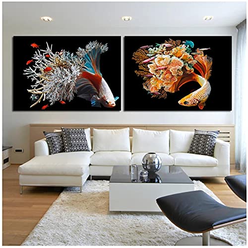 YABINGA Impresión de Arte pez Flor Cartel de Algas Marinas imágenes de Peces de Animales Lienzo Pintura Carteles e Impresiones Arte de Pared decoración del hogar (60x80 cm) × 2 Piezas sin Marco