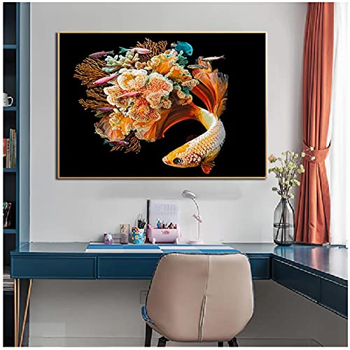 YABINGA Impresión de Arte pez Flor Cartel de Algas Marinas imágenes de Peces de Animales Lienzo Pintura Carteles e Impresiones Arte de Pared decoración del hogar (60x80 cm) × 2 Piezas sin Marco