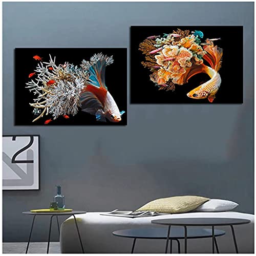 YABINGA Impresión de Arte pez Flor Cartel de Algas Marinas imágenes de Peces de Animales Lienzo Pintura Carteles e Impresiones Arte de Pared decoración del hogar (60x80 cm) × 2 Piezas sin Marco