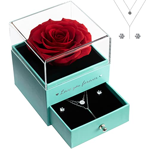 Yamonic Rosa Eterna Real con Collar y Pendientes en Caja de Regalo, Regalos románticos para San Valentín Cumpleaños Aniversario Navidad, Regalos de Amor para Mujeres Gril (Rojo)