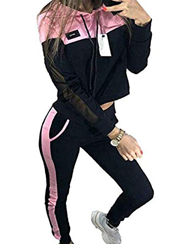 Yesgirl Mujer 2 Piezas Set Pantalones + Tops Conjunto de Chándal de Mujer Flequillo Camisas Fitness Manga Larga Casual Jersey Chaqueta Hoodie&Pantalones Jumpsuit Casual Sets Rosa M