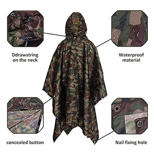 Yesloo Poncho impermeable extra largo multifuncional 3 en 1, impermeable unisex, alfombrilla para el suelo de la tienda, lona para sombrilla, capa impermeable de camuflaj, camping (Camuflaje)