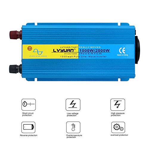 Yinleader Inversor De Corriente Onda Sinusoidal Pura 1000W Transformador De 12v A 230v, Inversor con 1 Toma EU Enchufe 2 USB para Coche Caravana Barco cámping de Viaje /2000W Potencia de sobretensión