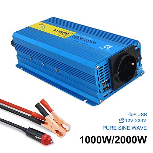 Yinleader Inversor De Corriente Onda Sinusoidal Pura 1000W Transformador De 12v A 230v, Inversor con 1 Toma EU Enchufe 2 USB para Coche Caravana Barco cámping de Viaje /2000W Potencia de sobretensión