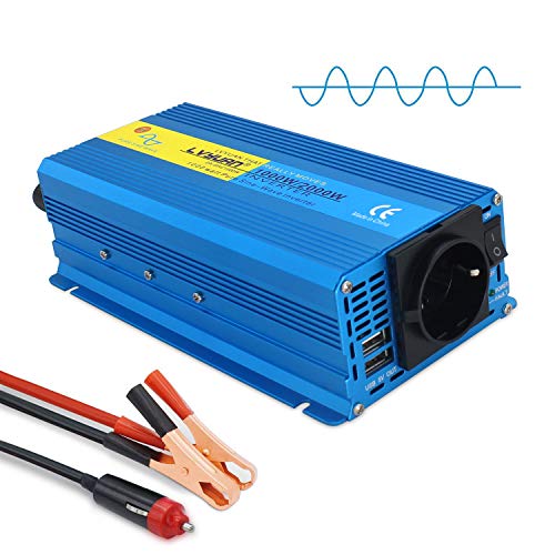 Yinleader Inversor De Corriente Onda Sinusoidal Pura 1000W Transformador De 12v A 230v, Inversor con 1 Toma EU Enchufe 2 USB para Coche Caravana Barco cámping de Viaje /2000W Potencia de sobretensión