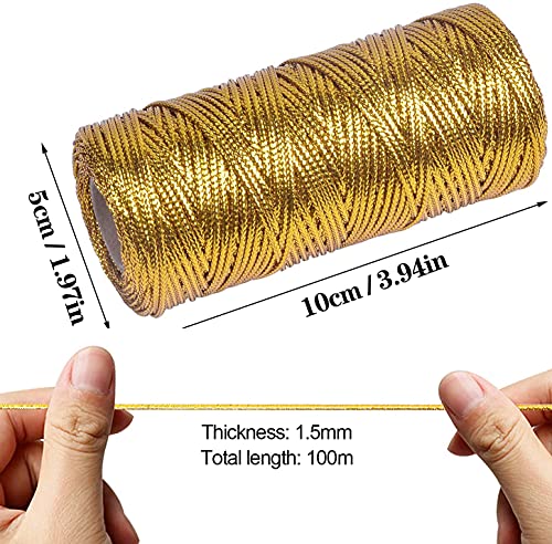 YIYICO Cordon Dorado Cordón Metálico Hilo Dorado 2 Rollos 100m Hilo de Oropel para Hacer Manualidades Envolver Regalos o Decoración de Árbol de Navidad Etiquetas de Regalo (dorado y plata)