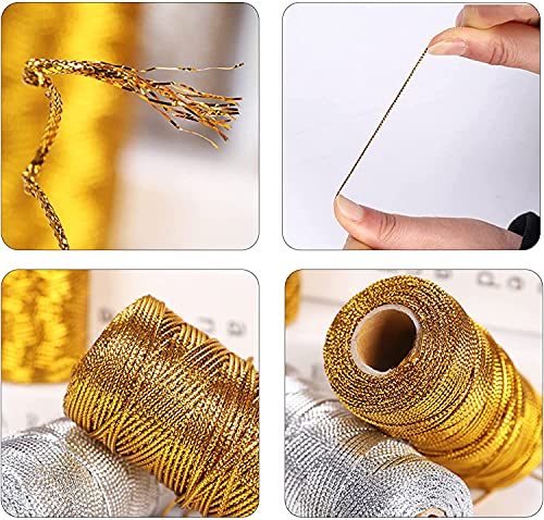 YIYICO Cordon Dorado Cordón Metálico Hilo Dorado 2 Rollos 100m Hilo de Oropel para Hacer Manualidades Envolver Regalos o Decoración de Árbol de Navidad Etiquetas de Regalo (dorado y plata)