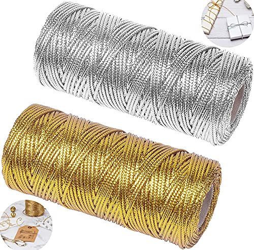 YIYICO Cordon Dorado Cordón Metálico Hilo Dorado 2 Rollos 100m Hilo de Oropel para Hacer Manualidades Envolver Regalos o Decoración de Árbol de Navidad Etiquetas de Regalo (dorado y plata)