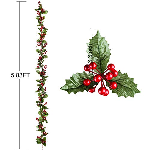 YQing 1 Pieza Guirnalda de Bayas Rojas Artificiales, 183cm Navidad Bayas Guirnalda con Hojas Verdes Guirnalda Navidad para decoración navideña Artesanal de Vacaciones