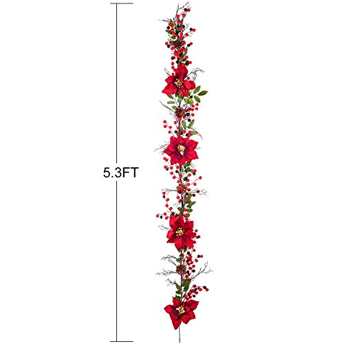 YQing 161cm Poinsettia Guirnalda de Navidad de Bayas, Rojas Bayas Navidad Guirnalda con Bayas Rojas y Hojas de Acebo, Navidad Piñas Guirnalda para Decoración de Vacaciones de Invierno, Año Nuevo