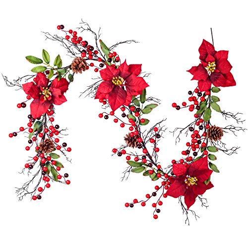 YQing 161cm Poinsettia Guirnalda de Navidad de Bayas, Rojas Bayas Navidad Guirnalda con Bayas Rojas y Hojas de Acebo, Navidad Piñas Guirnalda para Decoración de Vacaciones de Invierno, Año Nuevo