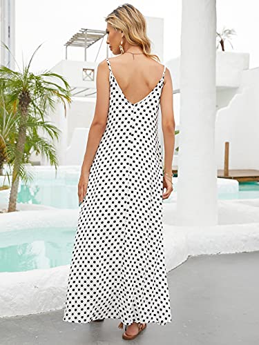 ZANZEA Mujeres Elegante Bohemio Algodón Casual Vestido Suelto Largo Playa Lunares Cuello V sin Mangas Blanco 42