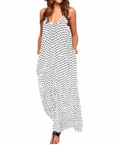 ZANZEA Mujeres Elegante Bohemio Algodón Casual Vestido Suelto Largo Playa Lunares Cuello V sin Mangas Blanco 42