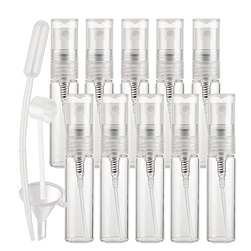 10 Piezas 5ml Botella de Cristal Transparente con Pulverizador, Vidrio Frasco con Bomba en Spray, Mini Spray de Bolsillo, Envase Cosmético Perfumes Viajes, Recargable y Embudo