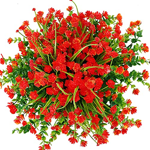 12 Piezas Flores Artificiales para Decoración al Aire Libre Vegetación Artificial 2 Tipos Flores Falsas Plantas Arbustos Resistentes a Rayos UV al Aire Libre (Rojo Naranja)