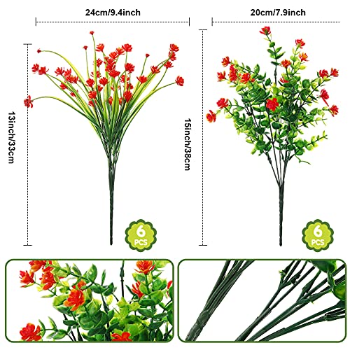 12 Piezas Flores Artificiales para Decoración al Aire Libre Vegetación Artificial 2 Tipos Flores Falsas Plantas Arbustos Resistentes a Rayos UV al Aire Libre (Rojo Naranja)