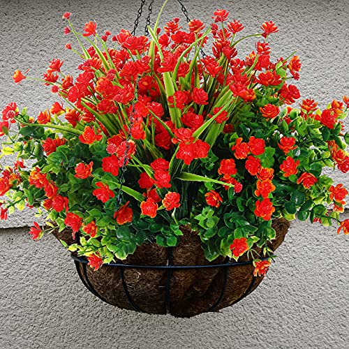 12 Piezas Flores Artificiales para Decoración al Aire Libre Vegetación Artificial 2 Tipos Flores Falsas Plantas Arbustos Resistentes a Rayos UV al Aire Libre (Rojo Naranja)