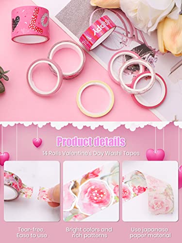 14 rollos de Cintas Washi para el día de San Valentín, Kalolary Sweet Heart Rose Washi cinta Adhesiva Decorativa Papel para Manualidades, Álbumes Recortes, Envoltorios, Decoración Fiesta Boda