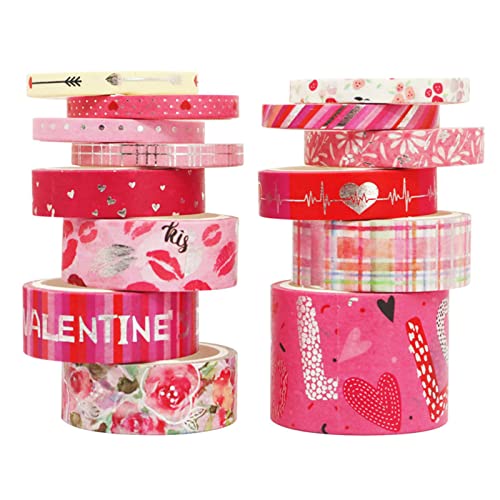 14 rollos de Cintas Washi para el día de San Valentín, Kalolary Sweet Heart Rose Washi cinta Adhesiva Decorativa Papel para Manualidades, Álbumes Recortes, Envoltorios, Decoración Fiesta Boda