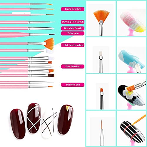 15 Piezas de Pincel uñas Acrilicas de UV Gel,Nail art cepillo de pintura de uñas que detalla el cepillo pluma,Nail Art Pintura línea Herramienta,(Rosa)