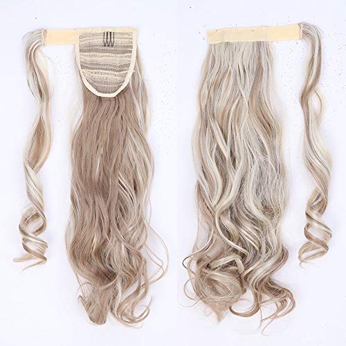 17"(43cm) Coleta Postiza Pelo Natural de Pelo Sintético Extensiones de Cabello Natural Clip Ponytail Hair Extension Rizada (90g,Sandy Rubio mezcla Blanqueador Rubio)