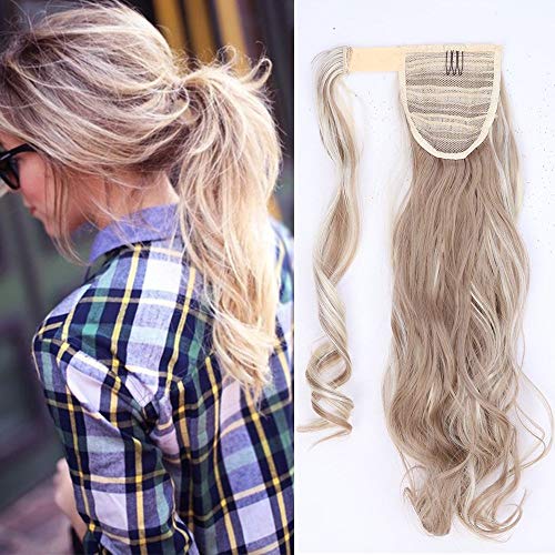 17"(43cm) Coleta Postiza Pelo Natural de Pelo Sintético Extensiones de Cabello Natural Clip Ponytail Hair Extension Rizada (90g,Sandy Rubio mezcla Blanqueador Rubio)