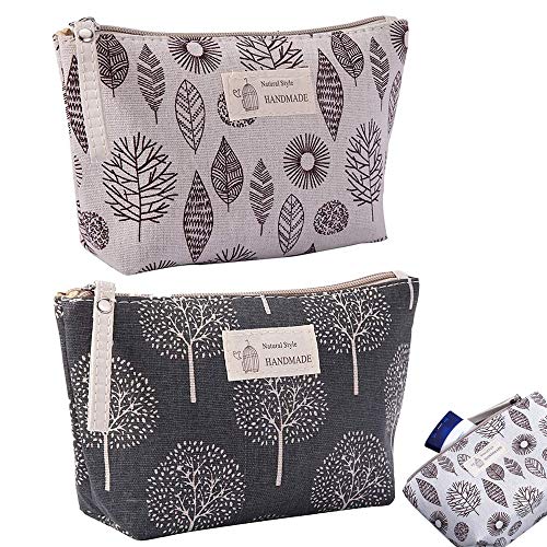 2 Piezas Bolsas Maquillaje Impresas con Cremallera, Bolsa de Cosméticos de Lona, Multifuncional Lienzo Estuche Maquillaje Estampado con Cremallera para Cosméticos, Llaves, Monedas (Árbol, Licencia)