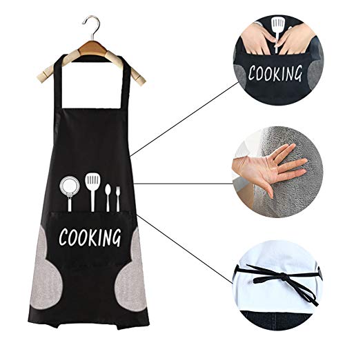 2 Piezas Delantal Cocina Hombre Mujer Delantal Cocina Profesional Delantal Impermeable Antimanchas Adulto Cocinero,con Bolsillos y Polar Coral Absorbente (Negro/Marrón)